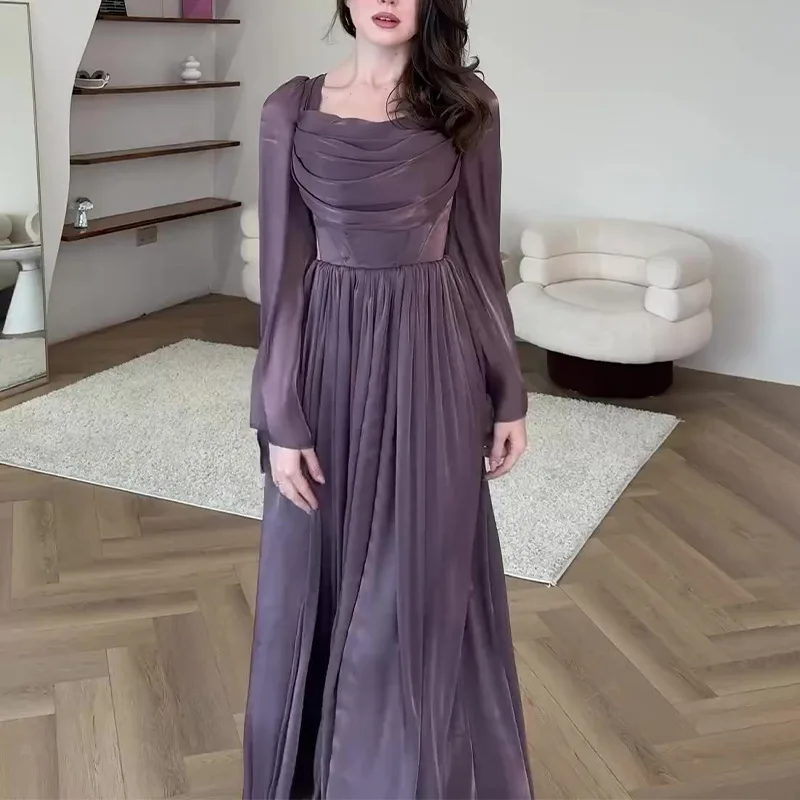 Lueur™ | Uzun Kollu Şifon Abiye Elbise