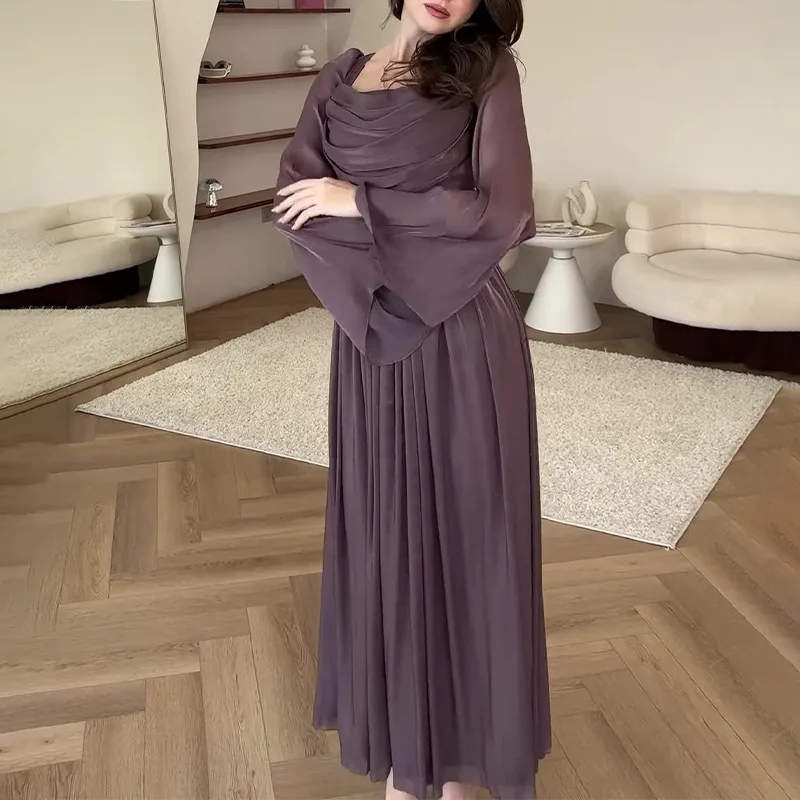 Lueur™ | Uzun Kollu Şifon Abiye Elbise