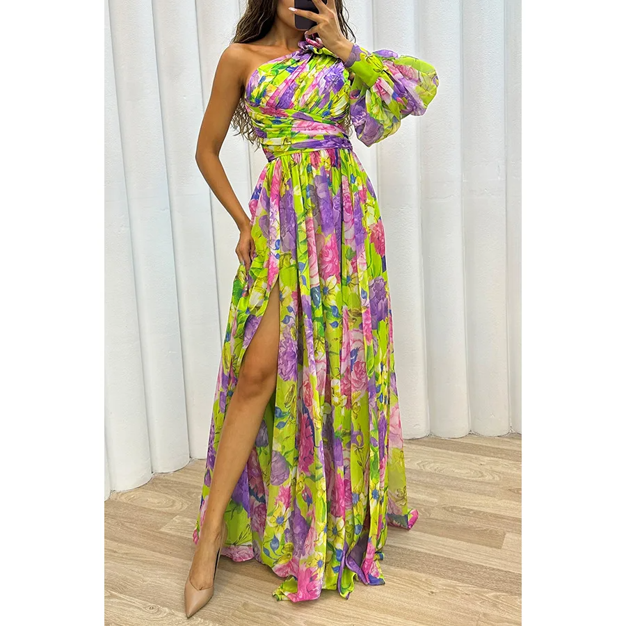 Lueur™ | Çiçek Desenli Tek Omuzlu  Maxi Elbise